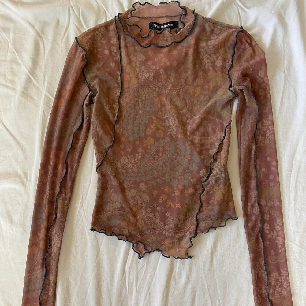 Urban Outfitters Mesh Long Sleeve Size:S Bandana like pattern base color tan!